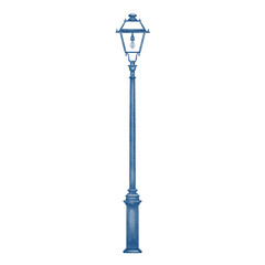 Old fashioned vintage iron city street lamp post or lantern in monochrome blue and white colors. Watercolor illustration isolated on white background.