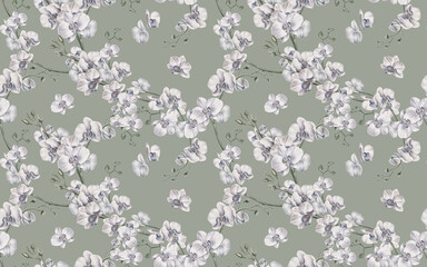 White orchid flowers in a seamless pattern with orchid branches and individual flowers on a light green-grey background. Watercolor illustration. For cloth, tablecloth, silk scarf, stoles