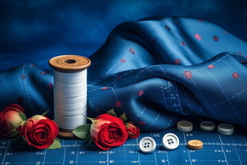 Blue wool; measuring tape; thread spool; button ; thimble and roses on blue background 