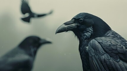 Fototapeta premium Crows Solving Complex Problems - Haunting Silhouettes of Intelligent Corvids in Flight Against a Moody Sky