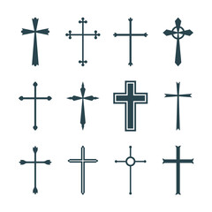 Set christian cross vector symbol flat and outline style