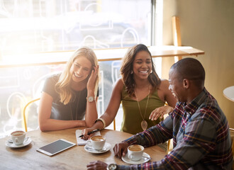 Sunshine, group and friends in cafe, funny and coffee with catch up, communication and laughing....