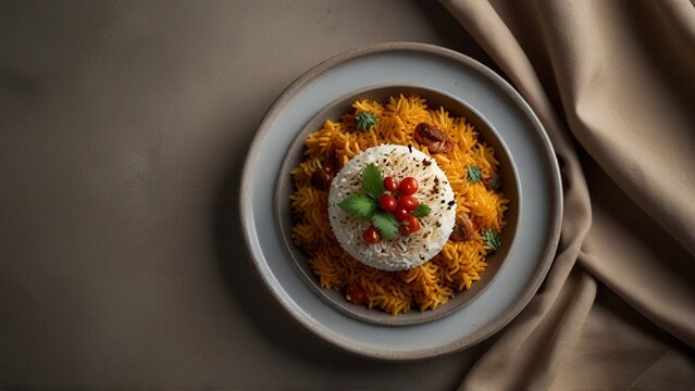 Top View: 8K Ultra-Realistic Biryani Course Pakistan Food Photograph by Lenka's Lens Studios.
