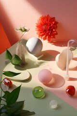 Three-Dimensional Soft Lighting Flatlay Featuring an Array of Abstract Objects and Vibrant Pastel Shades