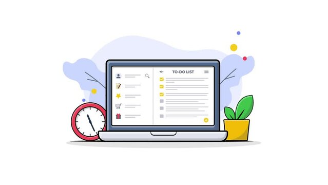 4k Todo List in Computer with Clock. Work Process Concept Animation Video