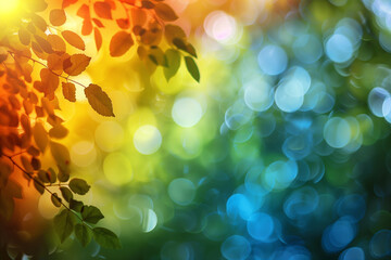 Leaves on branches with colorful bokeh background. The bokeh is in shades of blue, green, yellow, and orange colors.