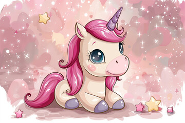 Cartoon image of pink unicorn with purple mane and tail, sitting on cloud with pink and yellow stars around it.