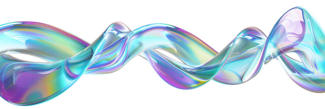 3D iridescent glass helix shape, twisting motion, isolated on transparent background