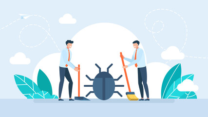 Specialists neutralize the harmful bugs. IT software application testing, quality assurance, QA team and bug fixing concept. Deleting malware, virus, bug or system error. Flat illustration