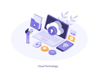 Character making backup and uploading multimedia files and other data on cloud server storage. Technology concept. Isometric vector illustration.