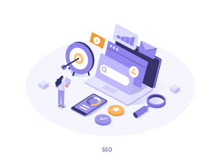 Seo optimization. Characters analyzing search engine data and planning marketing strategy. Technology concept. Isometric vector illustration.