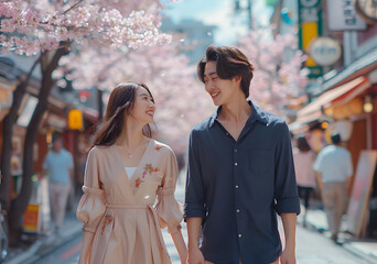 Fototapeta premium A man and a woman smile at each other while standing under pink cherry blossoms.