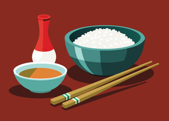 Asian cuisine essentials - rice, miso soup, and chopsticks