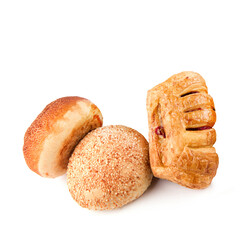 Pastries, buns and bread Isolated on a white. There is free space for text.