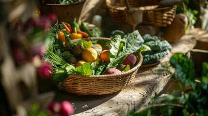 A basket of vegetables is on a counter