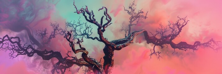 Anthropomorphic trees with gnarled and twisted branches reach towards a vibrant, ethereal sky in this surreal digital Inspired by the subconscious and fantasy, the image uses vibrant, unnatural