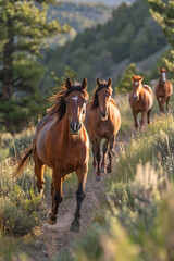 Fototapeta premium Wild Horses Running on Mountain Trail in Morning Light 