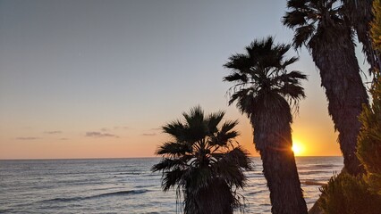 Southern California beach scenes with sunsets, surfers, tide pools, rocks and palms trees in...