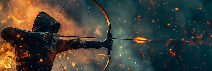 A fiery archer, poised for a shot in a competition, exemplifies the thrilling combination of archery skill and the inherent danger of working with flames. The intense heat and risk heighten the focus