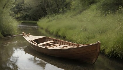 A wooden rowboat drifting lazily down a gentle cre upscaled 2