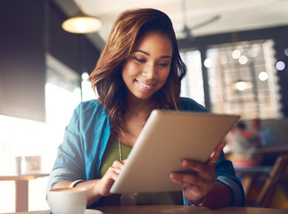 Cafe, thinking and woman with tablet, typing and connection with internet, social media and digital app. Person, copywriting and girl in restaurant, tech and network for email notification and smile