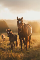 Family of Horses Bonding at Sunset in Serene Field Environment  