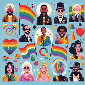 This image is a blue square with 12 famous LGBTQ+ individuals depicted in cartoon form. They are surrounded by rainbow flags, balloons, and hearts. A QAnon logo is also visible