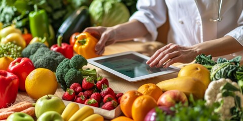 Person using tablet surrounded by vegetables