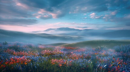 A serene landscape of rolling hills covered with a variety of vibrant wildflowers, set against a soft blue sky filled with wispy clouds and bathed in a dreamlike haze created by atmospheric mist. The