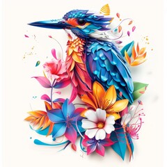 Fototapeta premium illustration of bird sitting with flowers on white background