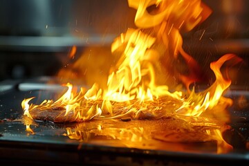 A flaming electric griddle sizzles in a contemporary kitchen, exuding warmth and tantalizing aromas, while also reminding us of the inherent dangers of handling fire and electricity in close