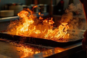 A vivid orange flame engulfs an electric griddle, adding a touch of danger to the cooking process. The griddle, radiating heat and power, sizzles as it prepares a delicious meal. Safety is paramount