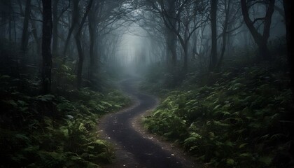 A winding path leading deep into a dark forest upscaled 4