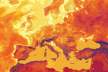 Obraz premium Satellite map illustrates the summer heat on the European continent World map with weather forecast illustration showing different climatic conditions