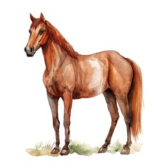 Create a watercolor painting of a horse in a field. The horse should be standing with its head turned slightly to the left. It should be a warm, sunny day.