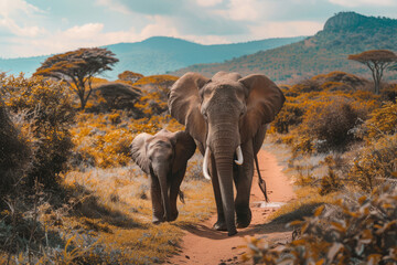 African elephants walking across grassy savannah. Mother and calf elephant in natural habitat with...