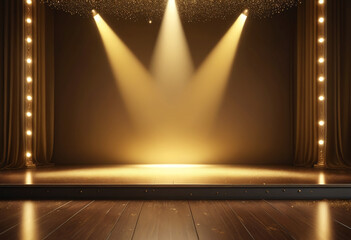 Golden podium with light and particles. Stage with gold spotlight on stage. Empty space