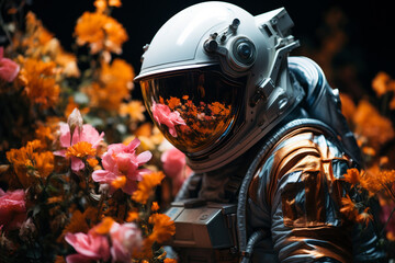 An astronaut in a spacesuit standing in a field of flowers.