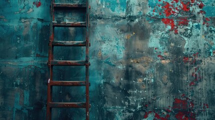 Ladder to the top of a blue wall. Grunge background