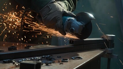 Craftsman in protective gloves working with grinder at industrial plant, man grinding iron detail,...