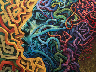 A woman's face is painted with a lot of strings and wires. Maze concept. The painting is abstract and has a lot of texture