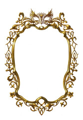 Luxurious Gothic Golden Frame with a Masquerade Mask. Isolated. Free-hand digital painting