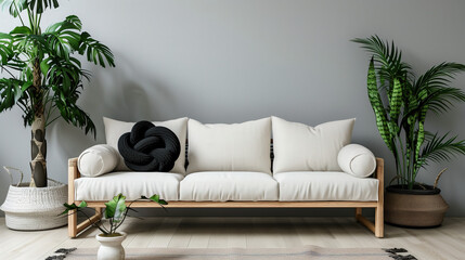 Urban jungle in trendy living room interior with white couch with black knot pillow and wooden furniture