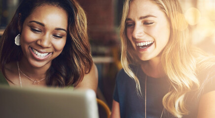 Smile, tablet and women in cafe together checking social media, online business plan or networking....