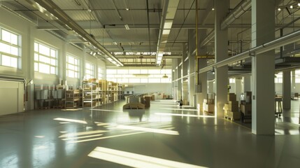 A large warehouse filled with rows of boxes, illuminated by numerous windows letting in sunlight.
