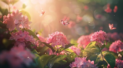 Sunlit Blooms. A Dance Of Butterflies Among Pink Hydrangeas. Generative AI