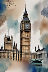 Naklejka premium Watercolor Big Ben and houses of parliament, cityscape wall art.