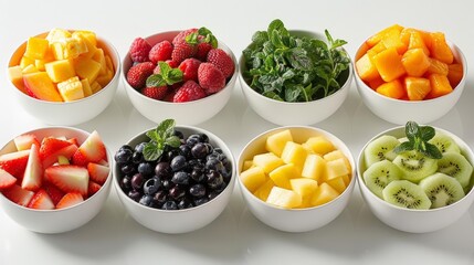 colorful fruit salad bar on transparent background featuring sliced kiwi, red strawberries, and white bowls