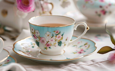 The teacup is white with a blue floral design and a gold rim. It is sitting on a white saucer. There is a pink rose in the background.
