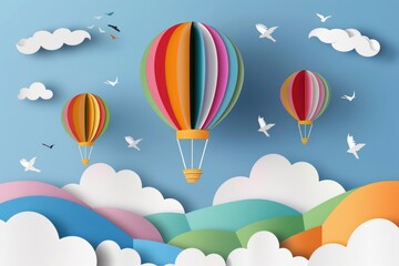 Blue sky with white clouds and colorful hot air balloons paper cut style background
